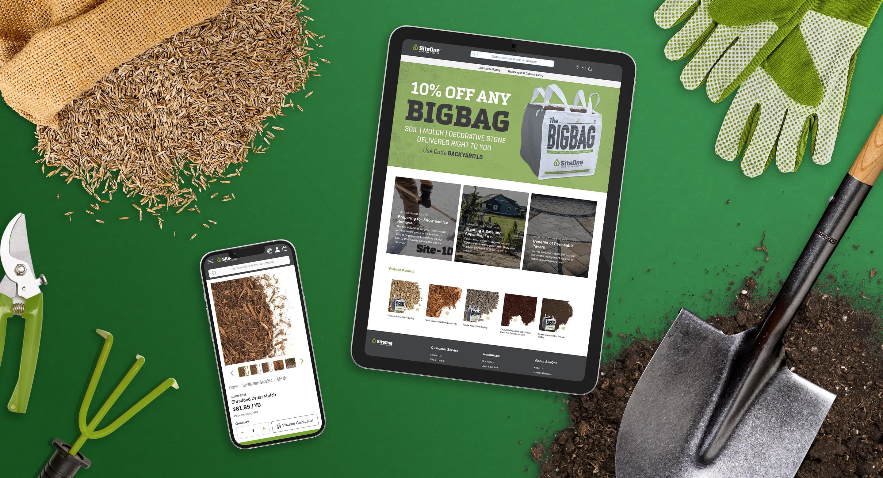 Flatlay of SiteOne website on an iPad and an Iphone surrounded by grass seed, pruning tools a shovel, and gardening gloves.
