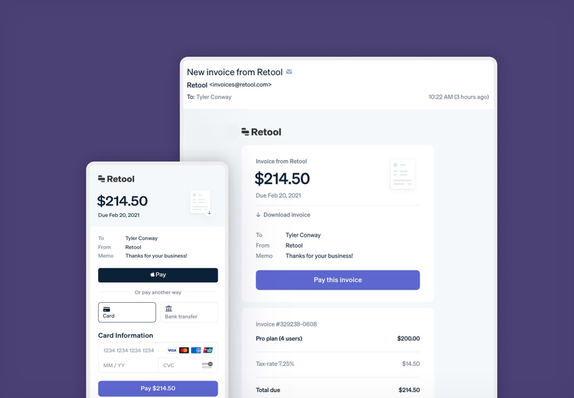 Screenshots of Stripe checkouts that display an invoice and the credit card processing screen.