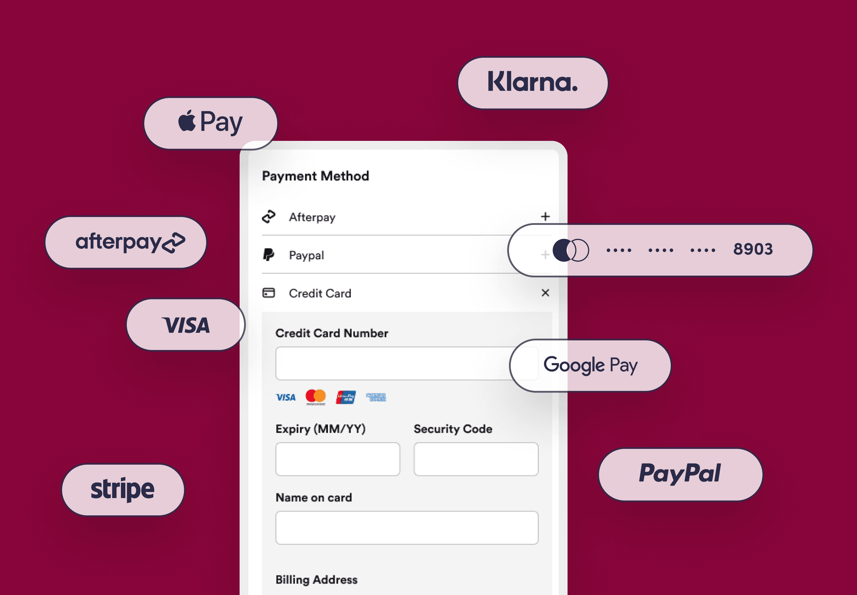 Screenshots of Bold checkout with payment options including Apple Pay, Klarna, Afterpay, Visa, Stripe, PayPal, Google Pay, and Mastercard.