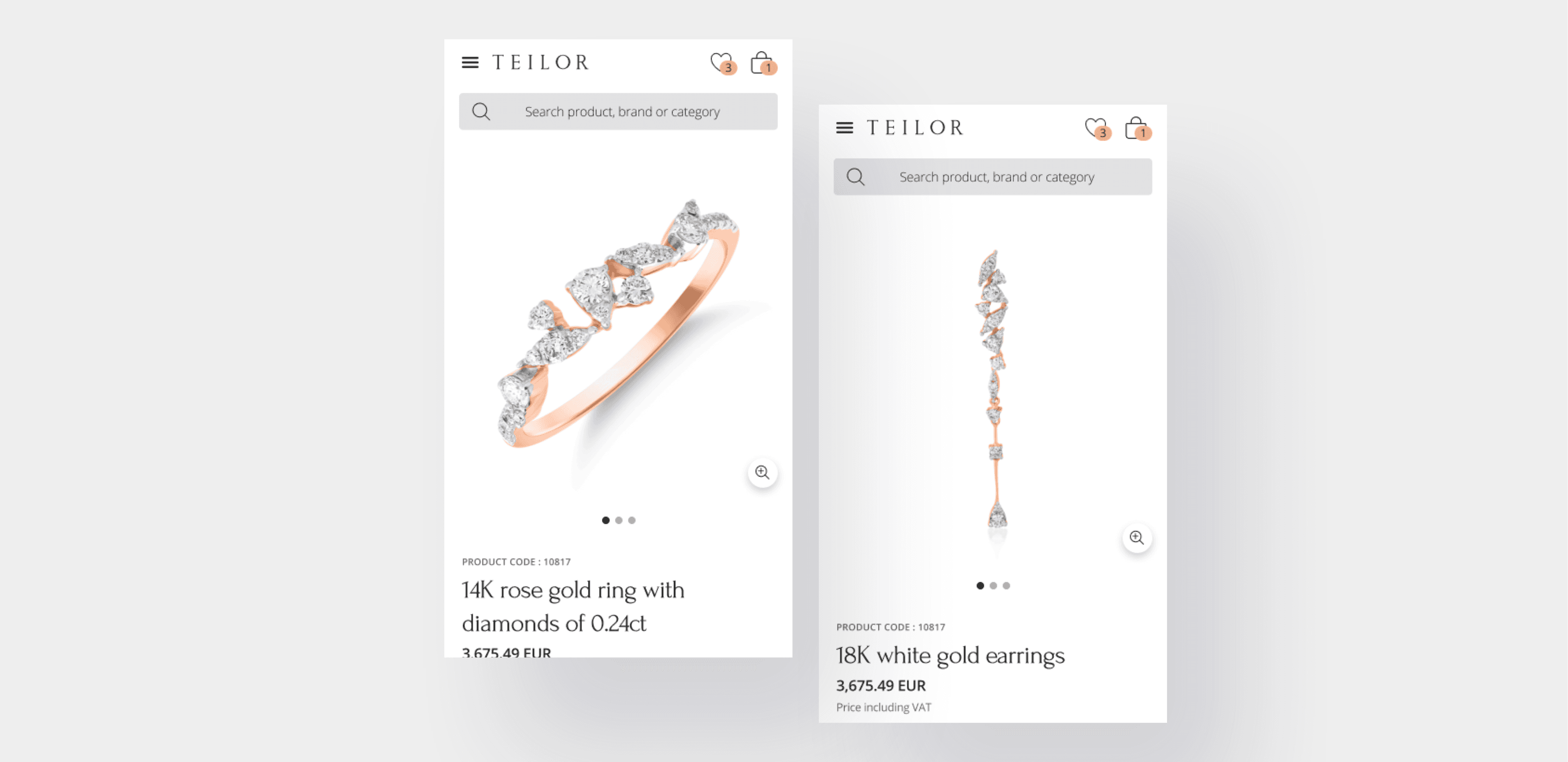 Screenshot of a ring and earring on Teilor's website with the website search bar above each product, and pricing below.