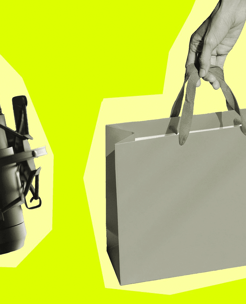 A podcast microphone and a hand holding a shopping bag on a bright green background.