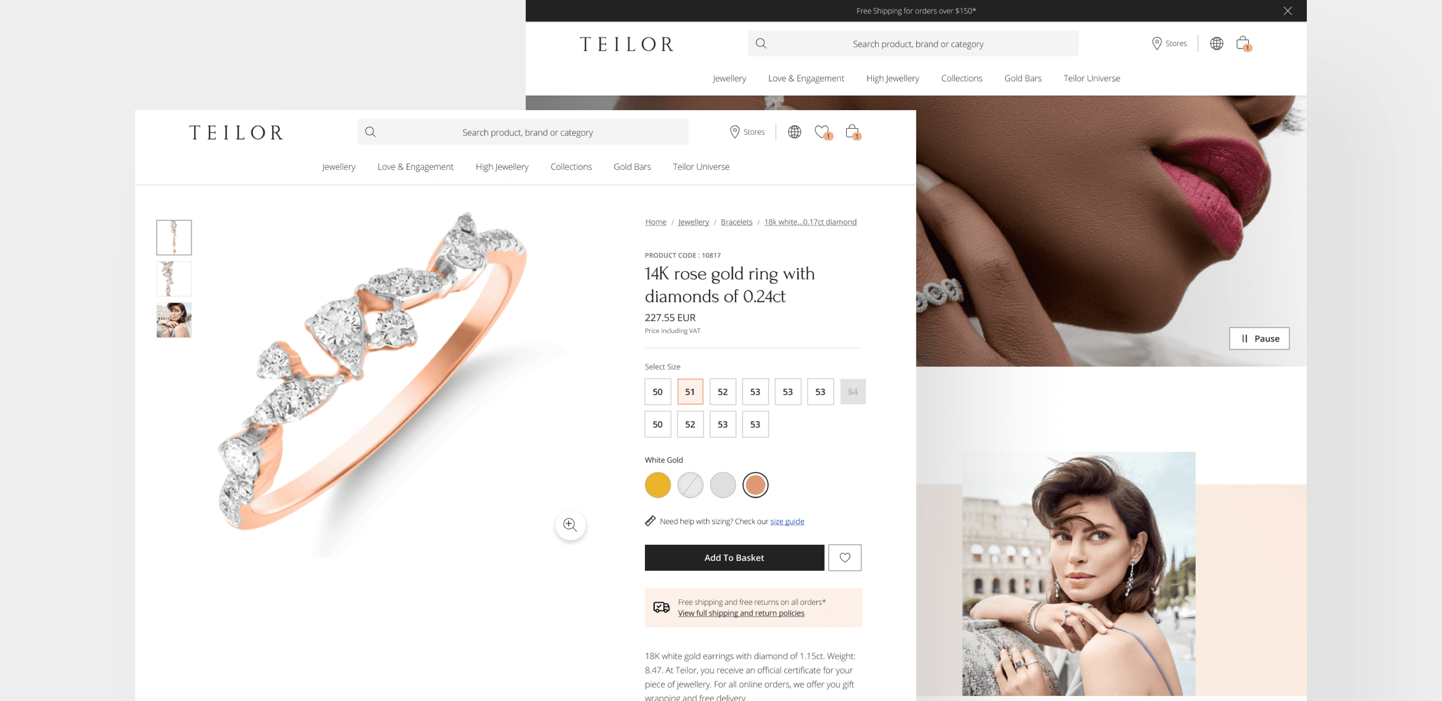 Screenshots of the Teilor Jewellery website. There is a bracelet product page showing details about the piece and inclues the interactive size picker.