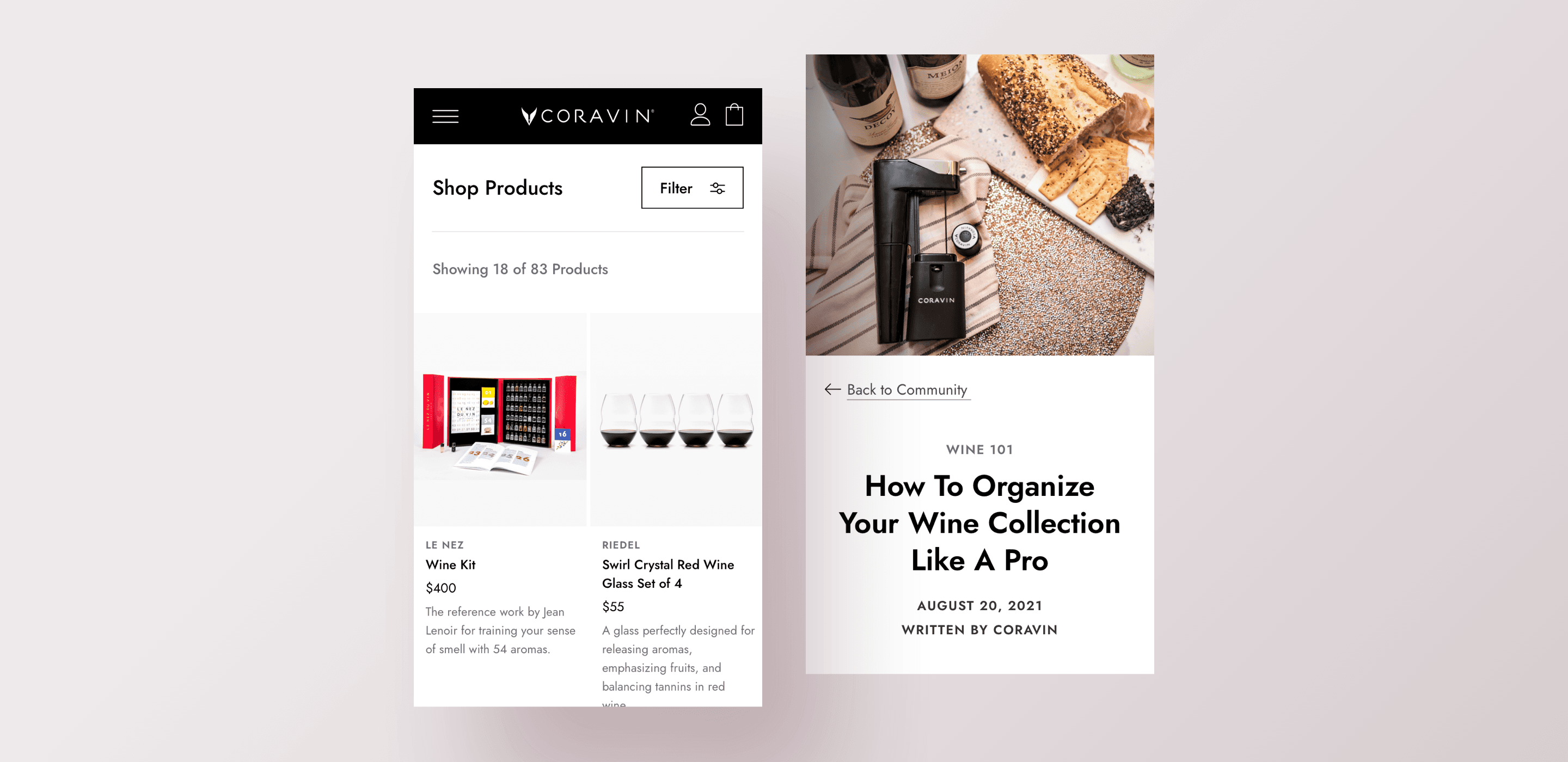 Preview of Coravin's product marketplace-ready site with listings of products, and a preview of the Coravin blog post snippets.