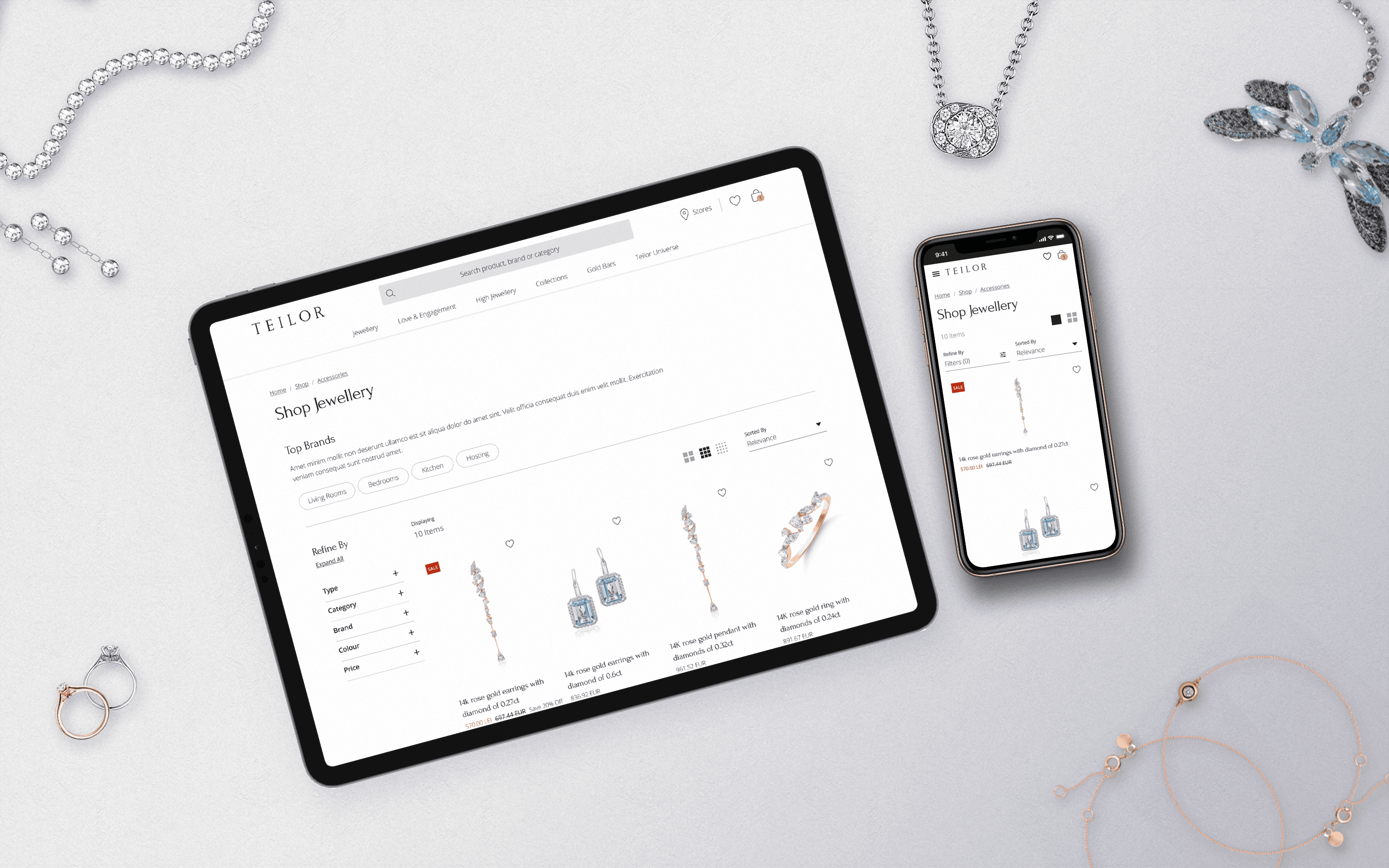 Flatlay of iPad and iPhone with the Teilor jewellery commerce website using Orium's Elastic Path Accelerator.