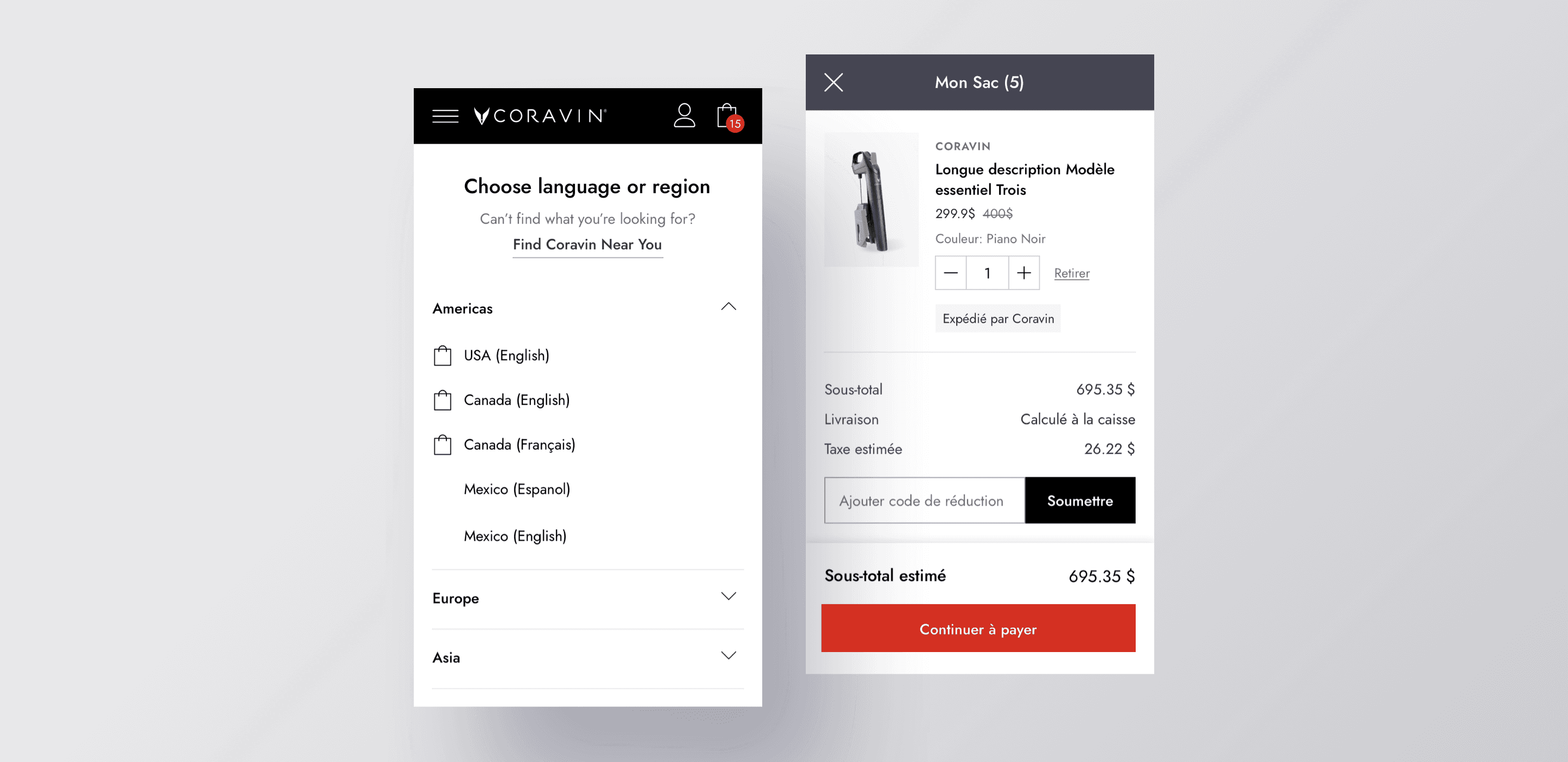 Coravin consumer app screen shots of language and region selector, and of a product in the online cart.